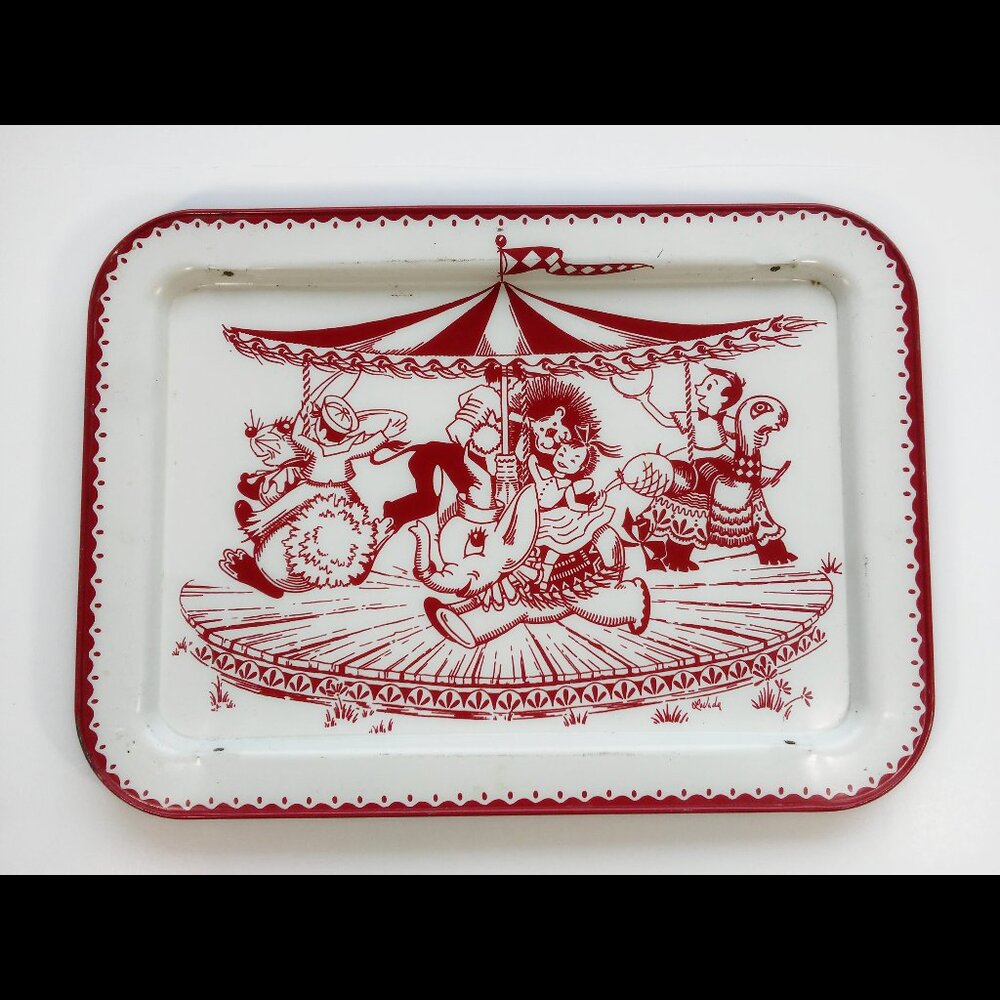 Vintage mid-century Metal Red And White Kids TV Lap Tray Merry Go Round Lavada